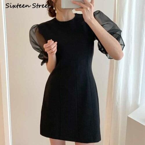 Dress Summer 2021 Korean Chic O Neck High Waist Stitching Puff Sleeve Chiffon Dresses Female Vestidos Sexy Vintage Y2k Aesthetic