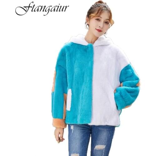 Ftangaiur 2020 Winter Import Velvet Mink Fur Coat Womens With Fur Hood Contrast Color Short Slim Natural Real Mink Fur Coats