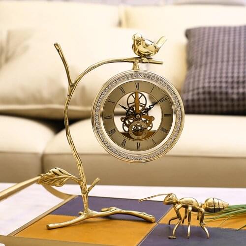 Golden Brass Vintage Clock Home Docor Bird Statue Bedroom Decoration Decorative Clock European Style Table Clock Desktop Clock