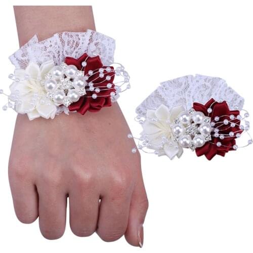 2021 Promotion Groom Suit Lapel Pin Wine Red Bride Wrist Corsage Suit Pearl Rhinestone DIY Business Wedding Supplies T049S