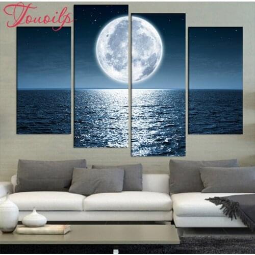 TOUOILP 4 pcs/set Diamond Painting Bright Moon Shining On The Ocean Cross Stitch,5D diy Diamond Embroidery Mosaic stickers home