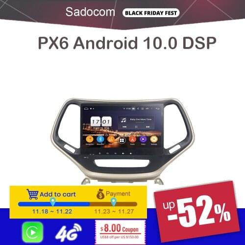 10.1" PX6 Android 10.0 4GB+64GB+8core Bluetooth 5.0 Car DVD Player GPS Glonass map autoradio wifi TV For Jeep Cherokee 2016 2017