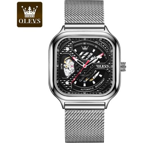 OLEVS New Perspective Square Automatic Mens Mechanical Watch Fashion Hollow Mens Watch Sports Waterproof Luxury Mens Watch