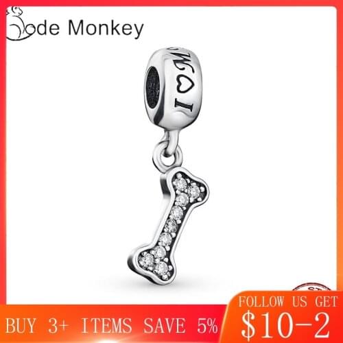 CodeMonkey Clear Zircon Dog Bones Charms Beads Fit Original Bracelet 100% Sterling Silver Pendant Fashion Jewelry CMS139