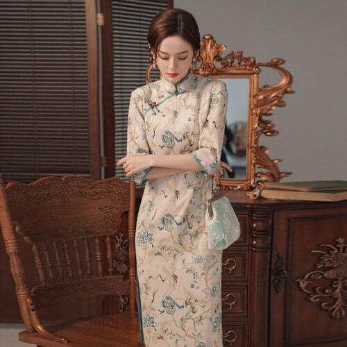 Elegant Women Print Party Dress Chinese Style Ladies Cheongsam Mandarin Collar Qipao Vestidos Summer Sexy Slim Gown Size S-XXL