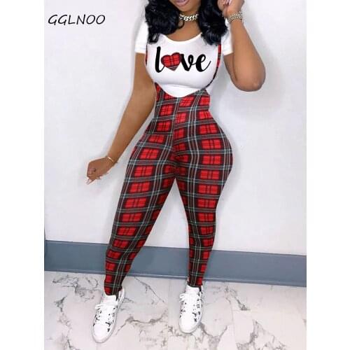 GGLNOO Summer Print Womn Two Piece Outfit Short Sleeve Pullover Tshirts and Ankle-length Suspender Trousers 2 Piece Set GG23144
