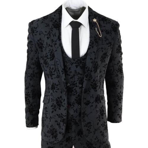 Classic Vintage Mens Black 3 Piece Suit Paisley Velvet Wedding Grrom Best Man Tailored Fit Blazer Waistcoat Trousers