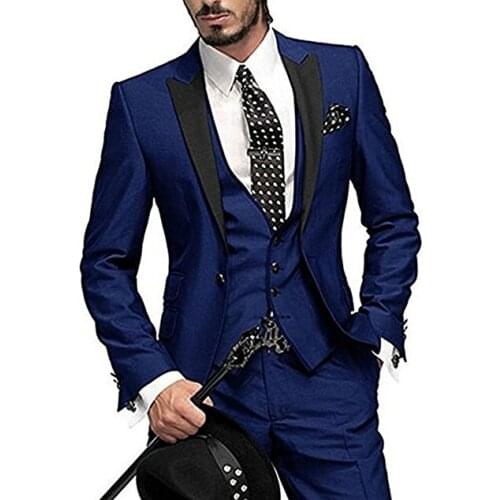 Custom Made Groomsmen Navy Blue Groom Tuxedos Peak Black Lapel Men Suits Wedding Best Man Blazer ( Jacket+Pants+Vest +Tie) C292