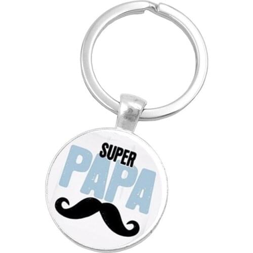 Mens Keychain Jewelry with Silver Color Glass Cabochon Meric Maitresse Super Papa Car Keychain Ring for Fathers Day Gift