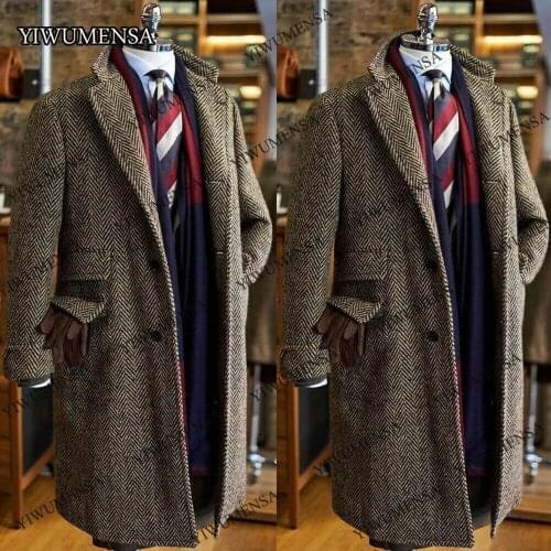 YIWUMENSA Winter Brown Tweed Mens Suits Long Formal Jackets Business Work Wear Trench Coat Peak Lapel Overcoat Blazer 2021