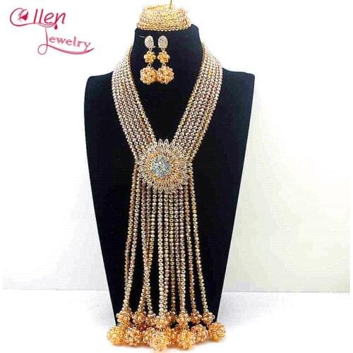 Champagne African Beads Jewelry Set nigerian wedding bridal Crystal Beaded Necklace Set African style Statement jewelry E1028