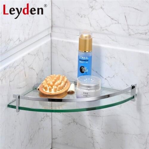 Leyden Stainless Steel Glass Shelf Corner Polished Chrome Wall Mounted Single Tier Bath Glass Shelf Holder Bathroom Accessories