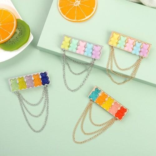 New Adorable Rainbow Colour Candy Jelly Drops Bear Brooches for Women Couple Lovely Tassel Chain Coat Backpack Pins Accessories