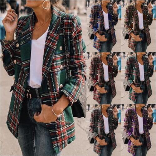 New European And American Womens Autumn And Winter Explosion Models Plaid Long-sleeved woolen cardigan jacket purple green