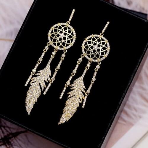 Feather Tassel Cubic Zircon Earrings White Gold Color Rhinestone Dangle Drop Earrings Women Fashion Jewelry Accessories YEA321