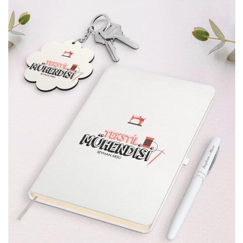 Personalized Textile Engineer White Notebook Pen And Keychain Gift Seti-2