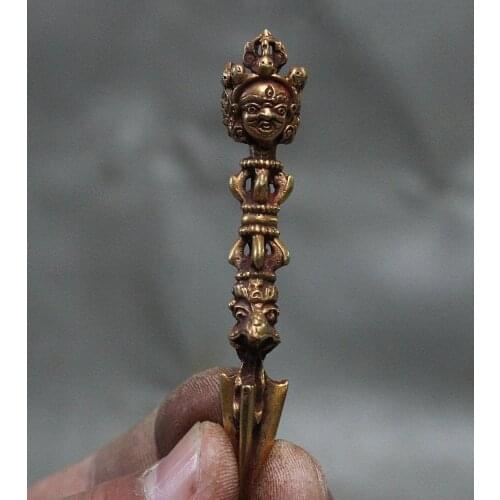 Tibet Bronze Gilt Gold 3 Face Mahakala Buddha Vajra Phurba Holder Amulet Pendant
