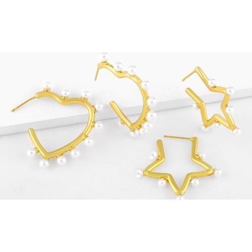 FLOLA Gold Vermeil Big Pearl Star Hoop Earrings For Women Polished Large Round Heart Earrings Wholesale Jewelry Gifts ersw47