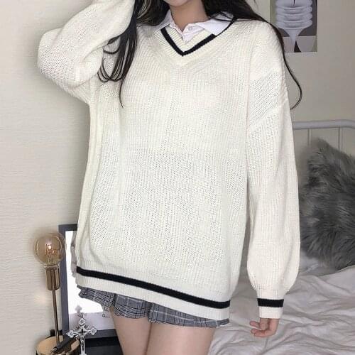 Fashion Women Autumn Sweater Striped V-neck Sweater Knitwear Casual Street Outfits Loose Pullovers White Knitted Tops