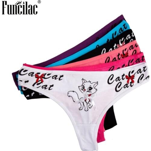 Cute Cat Print Thongs Women Sexy Lace G-String Cotton Bikini Panties Kitty Underpants Briefs Set Underwear Lingerie 5 Pcs/lot