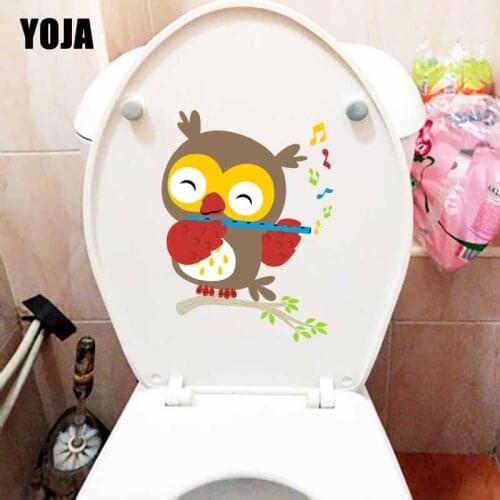 YOJA 16.8X20.9CM WC Toilet Sticker Owl Playing Flute Pattern Wall Decal Mural Art T5-0495