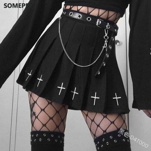 Black Woman Skirts High Waist Mini Gothic Lolita Skirt Summer Streetwear College Grils Harajuku Cross Print Pleated Skirt Shorts