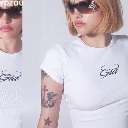 Women gia letters embroidery short sleeve ribbed tshirt tee crop top cropped Tee Vintage 90s Casual Solid Summer Tee For Women