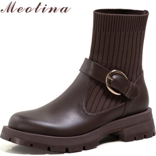 Meotina Women Genuine Leather Sock Boots Thick Med Heel Ankle Boots Round Toe Buckle Ladies Boots Autumn Winter Brown Black