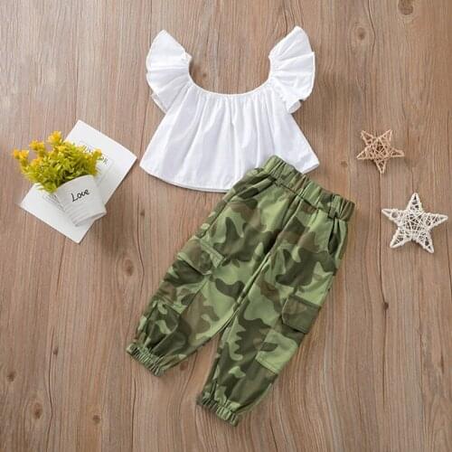 1-6Y Summer Fashion Kids Girls Clothes Sets 2pcs Off Shoulder Ruffles Short Sleeve T Shirts Camouflage Pants