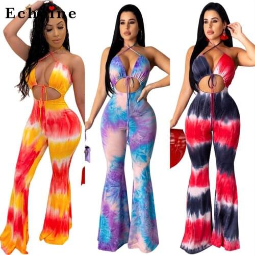 Sexy Slim-Fit Halter Cross Straps Tie-Dye Printed Jumpsuits Women Bandage Lace Up Off Shoulder Flare Long Pants Backless Rompers