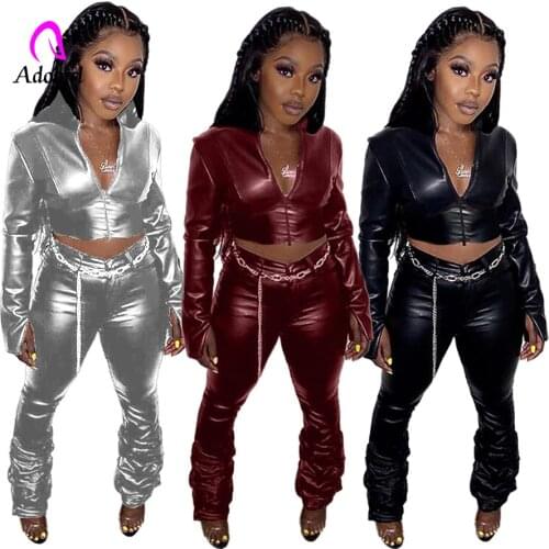 Silver PU Leather Women Solid 2 Piece Sets 2020 Winter High Waist Stacked Pants + Full Sleeve Sexy V-neck Short Jackets Outfits