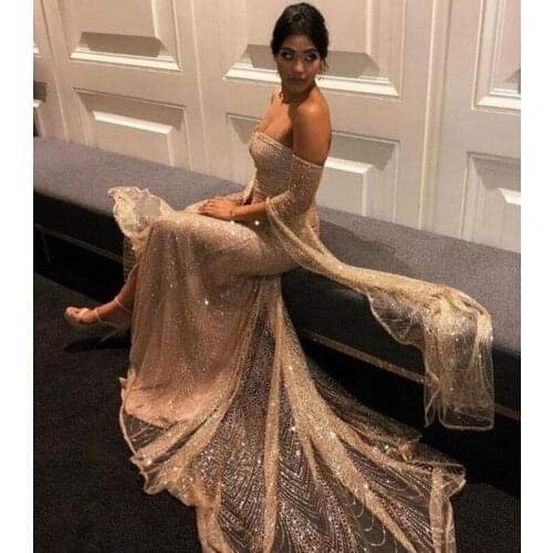 2019 New Fashion Hot Selling Elegant Gold Off Shoulder Sequin Long Dress Party Cocktail Outfits Celebrity Women Gowns Wholesale