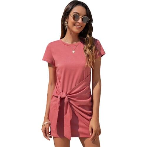 Summer Dress For Women 2021 Short Sleeve O-Neck Dress Belt Mini Dress Solid Colour Lady Casual Slim Dresses Streetwear Vestidos
