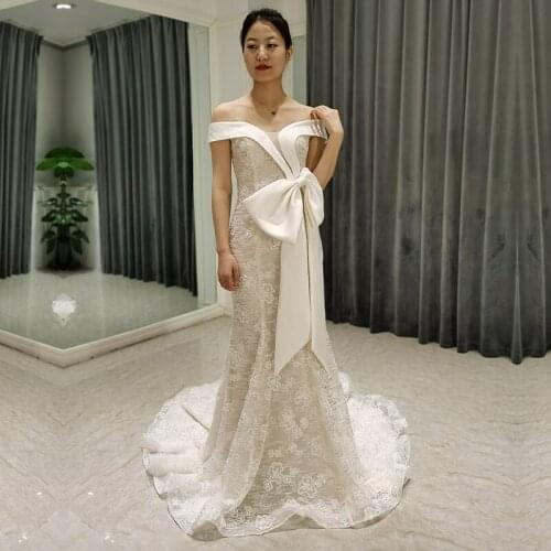 SL-8359 real photo mermaid wedding dress 2022 lace bridal gowns bow civil vintage off shoulder beads wedding gowns bridal dress