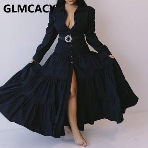 Women Long Sleeve Button Down Slit Dress Elegant Evening Party Maxi Dress