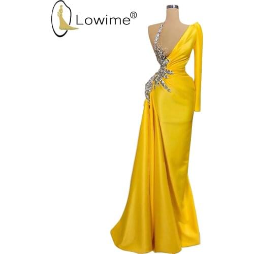 Sexy Illusion One Shoulder Yellow Mermaid Beaded Evening Dresses Robe De Soiree вечерние платья Femme Robe 2020