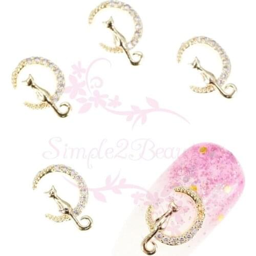 100pcs/Lot Cat on Moon Clear Zircon Salon 3D Nail Art Manicure Charms Jewelry Crafts DIY Decorations Accessories Wholesale