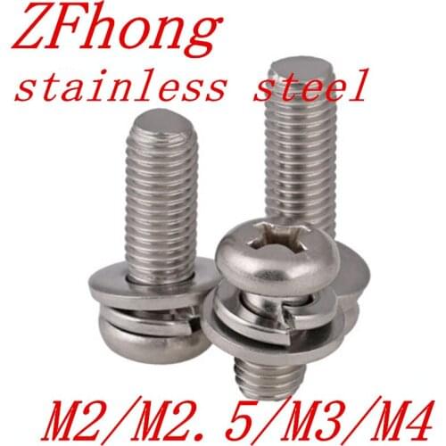 100pcs/lot) metric thread M2,M2.5,M3,M4 stainless steel Phillips Pan Head Three Combination Screw Three sem screws with washer