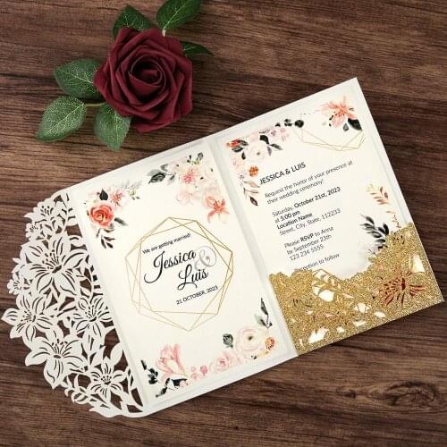 50pcs Wedding Invitations Gold Color Glitter Elegant Flower Hollow Laser Cut Invitations with Envelope