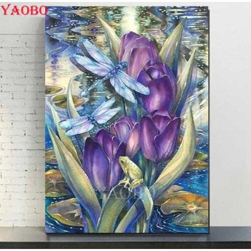 Full Drill Square DIY Diamond Painting Cross Stitch Dragonfly Frog and Lotus Diamond Embroidery Mosaic Handicraft Home Decor
