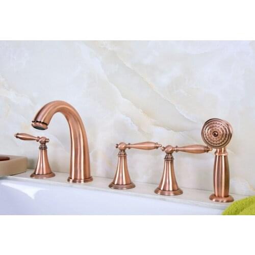 Antique Red Copper Brass Widespread Three Handles Deck Mounted 5 Holes Bathroom Tub Faucet Mixer Tap With Handshower mtf202