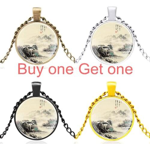 Black Chinese Wind and Ink Painting Design Glass Cabochon Men Women High Quality Pendant Necklace Jewelry Gifts