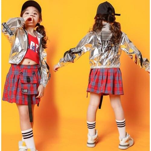 Kids Girls Silver Shiny Stage Show Jacket Children Streetwear Hip Hop Jazz Coat Cheerleading Team Dance Clothing Perform Costume