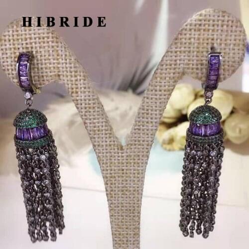HIBRIDE Sparkling AAA Cubic Zircon Pave Long Drop Tassel Earrings for Women Jewelry Pendientes Mujer Brincos Party Jewelry E-10