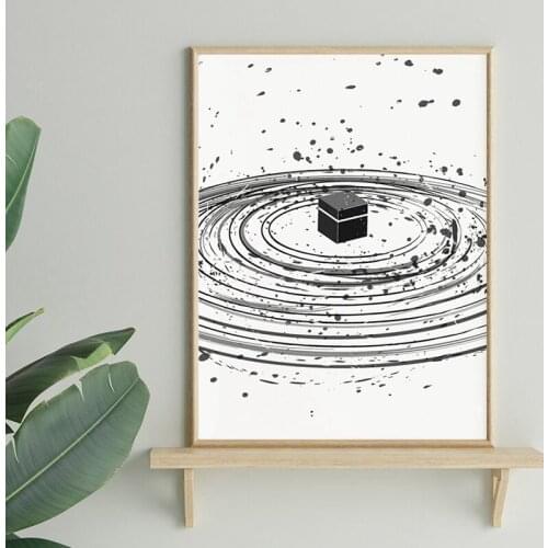 Kabah Illustration Abstract Print Islamic Wall Art Canvas Painting Muslim Poster Black White Traditional art Picture Home Decor