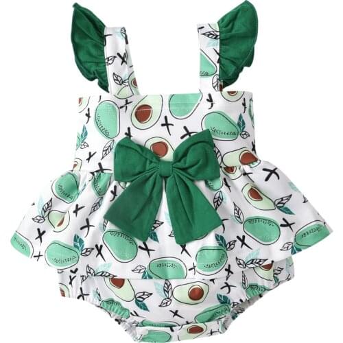 Fashionable Baby Girls Romper, Toddlers Summer Creative Floral/Fruit Printing Bow Decoration Fly Sleeve Suspender Jumpsuit