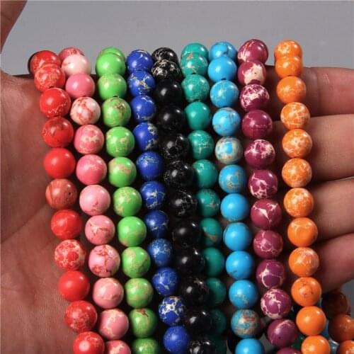 Fashion Round Sea Sediment Jaspers Loose Imperial Impression Stone Bead for DIY Bracelet Necklace Jewelry Making 15" Accessories