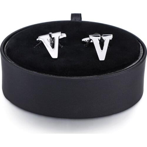 DY a set of high quality fashion silvery letter V Cufflinks black leather box men French shirt Cufflinks box set free shipping