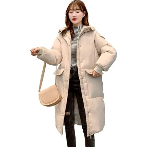 2020 new down cotton padded jacket middle length loose women parka solid long sleeve hooded thick warm winter jacket Female W84