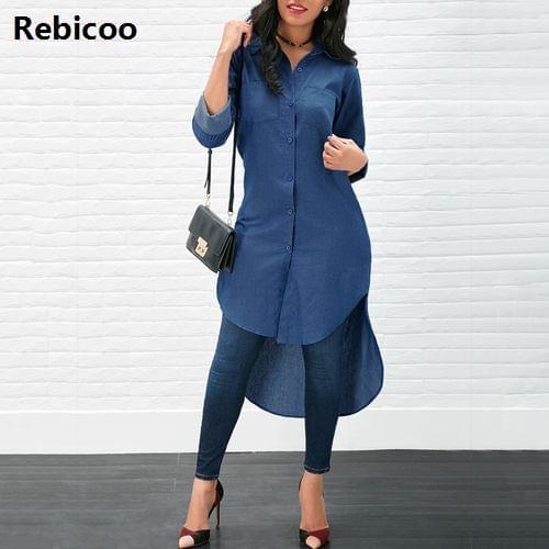 New Blue Denim Dress Women Long Sleeve Button Solid Demin Jeans Shirt Dress Clubwear Party Midi Dress Lady Fashion Casual Dress